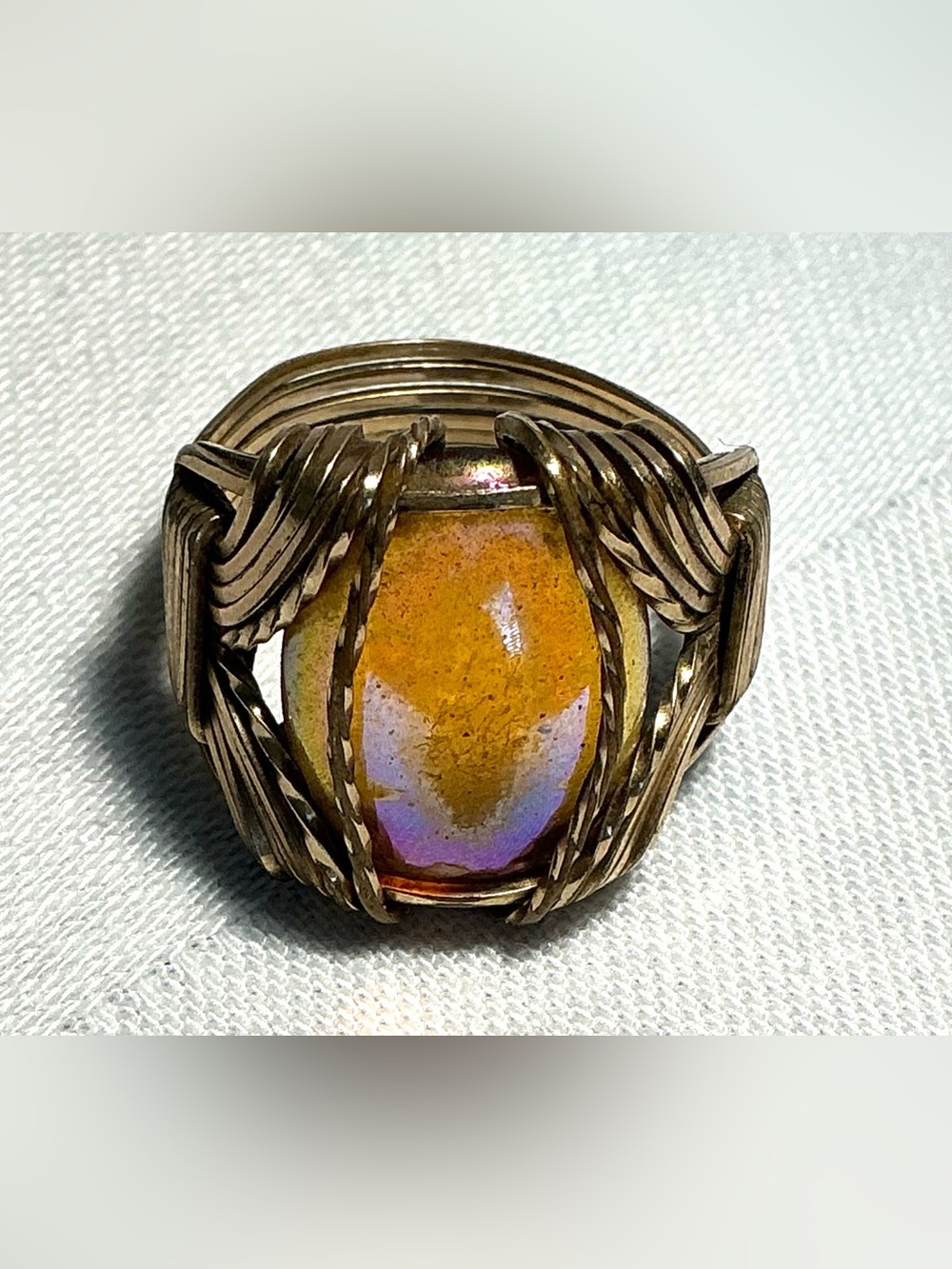 Wire-Wrapped Copper Ring w/Large Amber-Tone Cabochon Size 9 Vintage Artisan